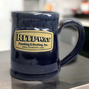 Deneen Pottery 2019 Rite Way Plumbing Advertisement Mug Blue Tan Drip Glaze
